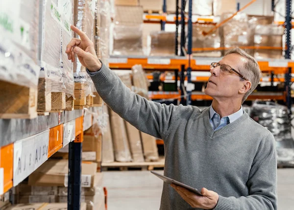 hombre realizando un control de stock con un colector de datos en un almacén
