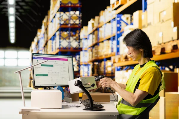hombre escaneando productos dentro de un almacén, realizando acciones de control de stock