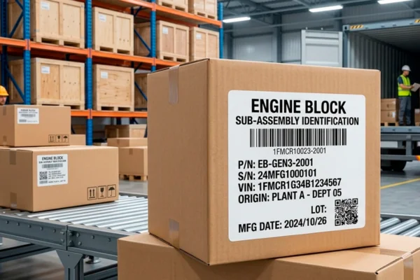 caja etiquetada con etiquetas térmico directo en almacén logístico