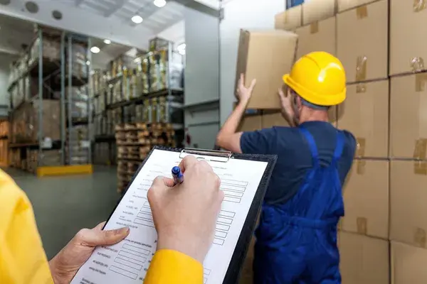 hombre realizando labores de etiquetado para exportación mientras otro lleva el control con papel y lapicero