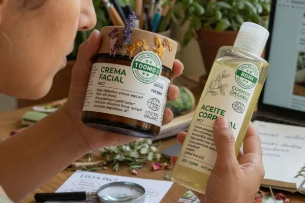 Mujer joven de cabello oscuro ajustándose las gafas mientras lee atentamente la etiqueta INCI de una caja de sérum facial antioxidante Lumina Skin con vitamina C y ácido hialurónico al 10%.
