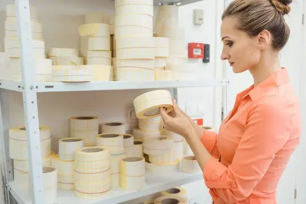 Una mujer inspeccionando un rollo de adhesivos para etiquetas en un almacén con estanterías llenas de rollos de etiquetas en blanco