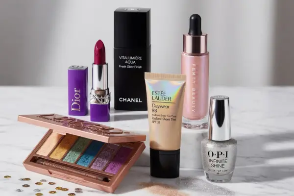 Colección de productos de maquillaje de alta gama sobre superficie de mármol, incluyendo paleta de sombras Urban Decay, labial Dior, base Chanel Vitalumière Aqua, BB cream Estée Lauder, iluminador Fenty Beauty y top coat de uñas OPI Infinite Shine.