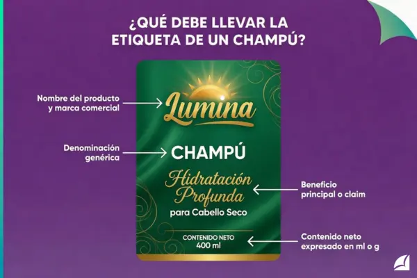 infografía sobre Qué debe llevar la parte frontal de las etiquetas para botellas de shampoo