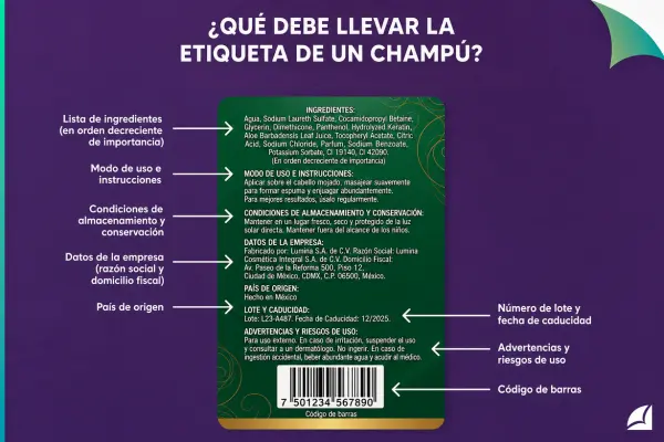 infografía sobre Qué debe llevar la parte posterior de las etiquetas para botellas de shampoo